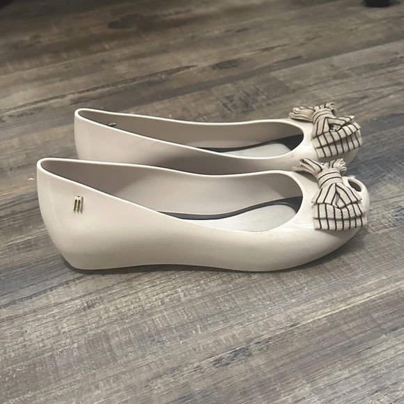 Melissa Beige Peep Toe Flats with Striped Bow - Picture 2 of 3